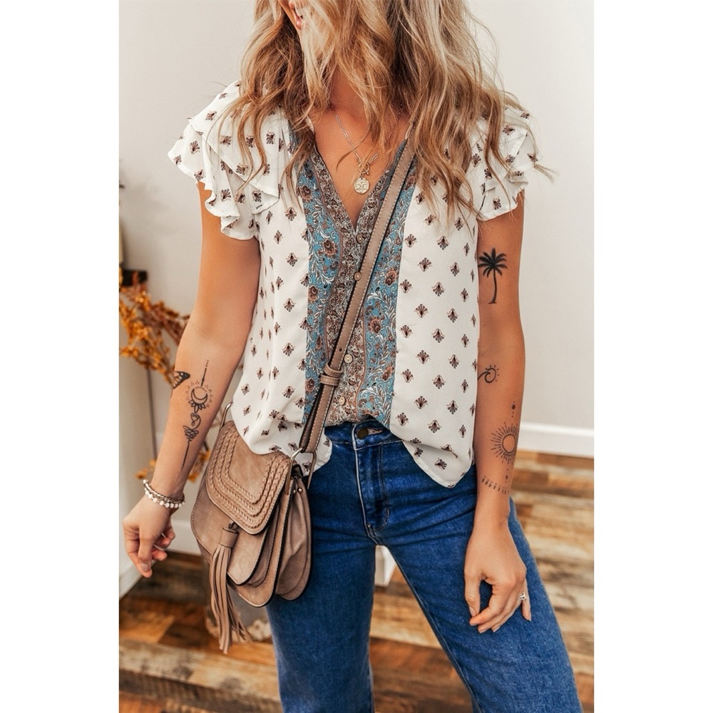 New Boho Floral Multicolor Tiered Ruffled Sleeve V Neck Buttoned Blouse